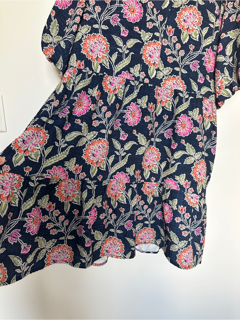 THML Navy Floral Tiered Puff Sleeve Dress with Pink and Orange Blooms - Picture 6 of 12